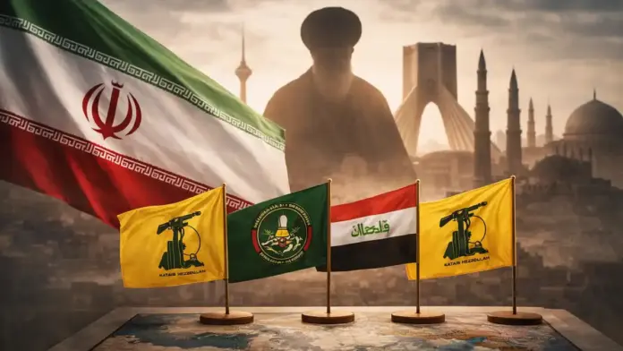 Institutional symbolic image showing the regime in Tehran, proxy influence, and regional instability across the Middle East