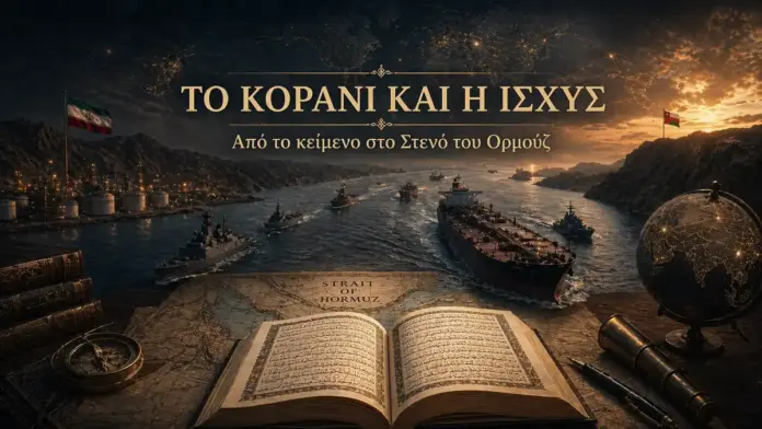 Θεσμική κινηματογραφική εικόνα με ανοιχτό Κοράνι πάνω σε χάρτη, πλοία στο Στενό του Ορμούζ και γεωστρατηγική ατμόσφαιρα ισχύος και σύγκρουσης