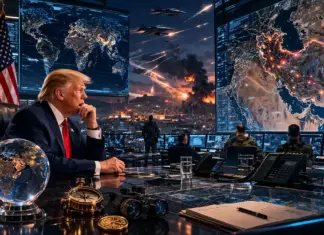 Θεσμική γεωπολιτική εικόνα με τον Ντόναλντ Τραμπ σε περιβάλλον στρατηγικής κρίσης και φόντο στρατιωτική ένταση στη Μέση Ανατολή