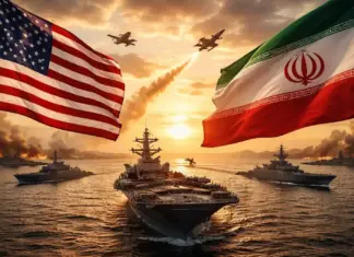 Θεσμική γεωπολιτική εικόνα με σημαίες ΗΠΑ και Ιράν πάνω από πολεμικά πλοία στα Στενά του Ορμούζ