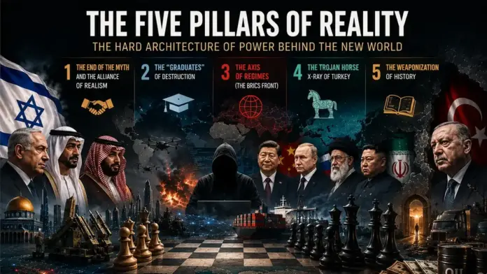 Cinematic geopolitical infographic showing the five pillars of reality, with global leaders, Israel and Gulf alignment, drones, sanctions bypass routes, Turkey, Iran, energy corridors, and a strategic chessboard.