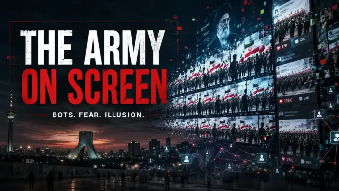 Cinematic editorial image showing Tehran at night, a massive screen army made from repeated social media posts, Iranian flags, bot networks, digital propaganda, and the illusion of mass power.