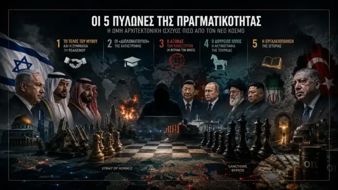 Κινηματογραφική γεωστρατηγική σύνθεση με τους πέντε πυλώνες της πραγματικότητας, παγκόσμιο χάρτη, ηγέτες, σκακιέρα, drones, κυρώσεις, Ορμούζ και σύμβολα ισχύος.