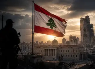 Σκισμένη σημαία του Λιβάνου πάνω από τη Βηρυτό, με σκοτεινή ένοπλη φιγούρα και κατεστραμμένο αστικό τοπίο, συμβολίζοντας τη μάχη για κρατική κυριαρχία απέναντι στη Χεζμπολάχ.